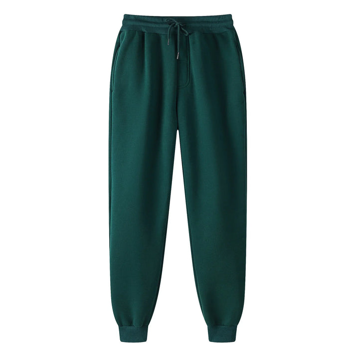Dark green fleece jogger pants with elastic waistband and drawstring