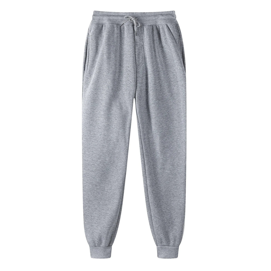 Grey cotton blend men's jogger pants with elastic waistband and side pockets