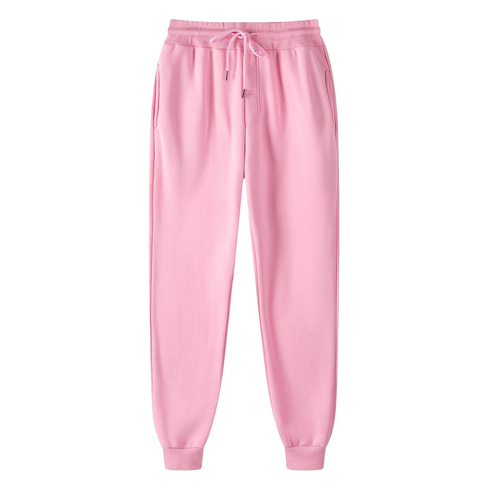 Light pink fleece jogger pants with drawstring waist and cuffed ankles