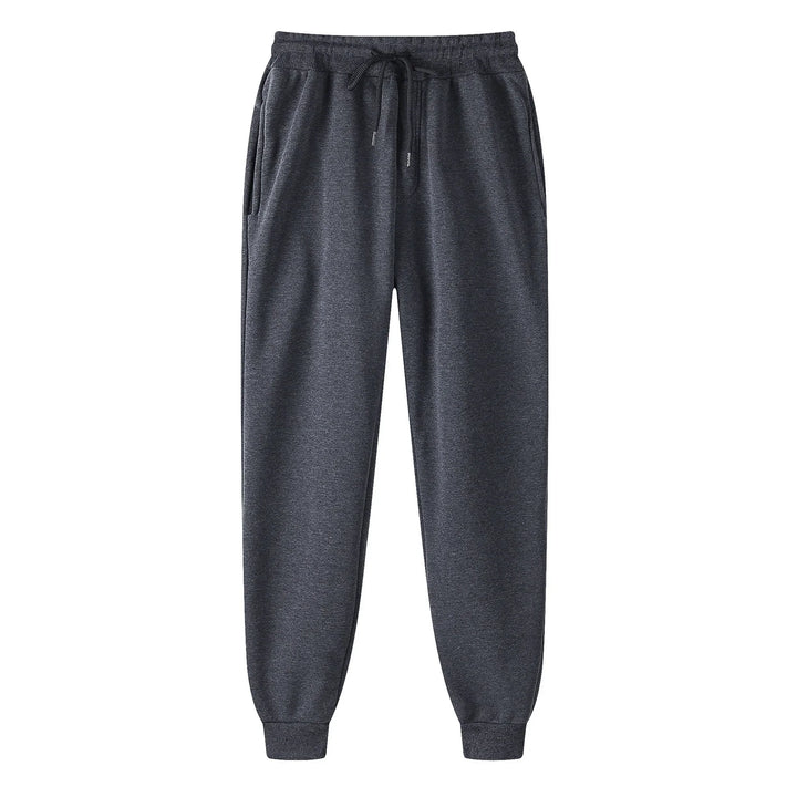 Dark gray men's jogger sweatpants with elastic waistband and cuffs, side pockets, and drawstring