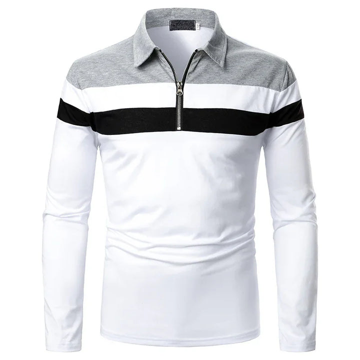 Men's long sleeve polo shirt with gray collar, white body, and black horizontal stripe with front zipper
