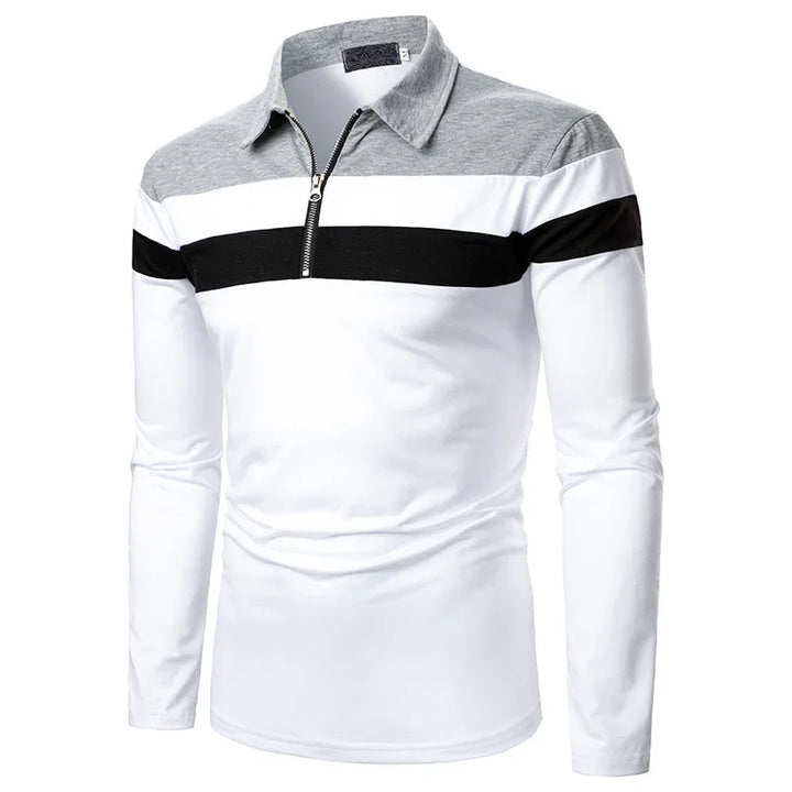 Men's long sleeve polo shirt with grey collar, white body, black and white horizontal stripes