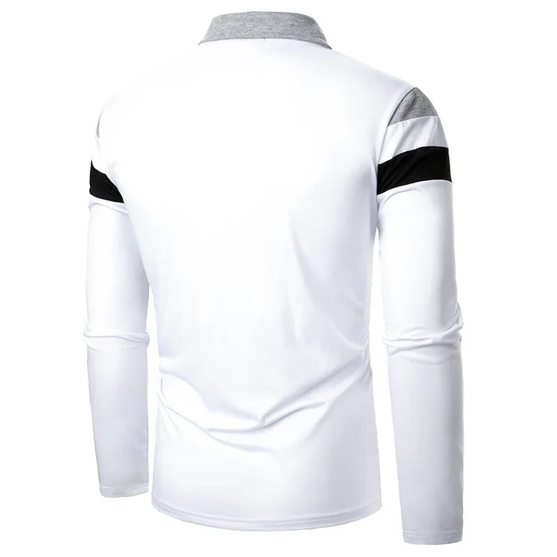 Back view of long sleeve white men's polo shirt with gray collar and black stripes on sleeves