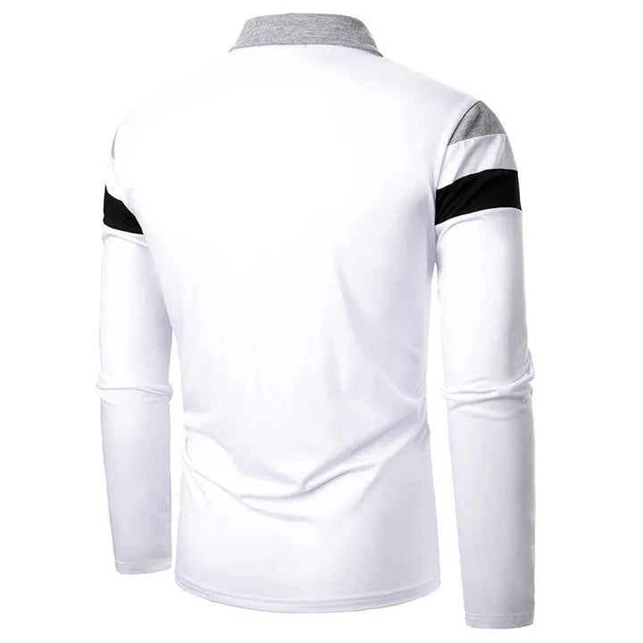 Back view of long sleeve white men's polo shirt with gray collar and black stripes on sleeves