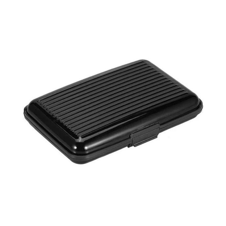 sleek black hard shell card holder case with ribbed surface and secure clasp