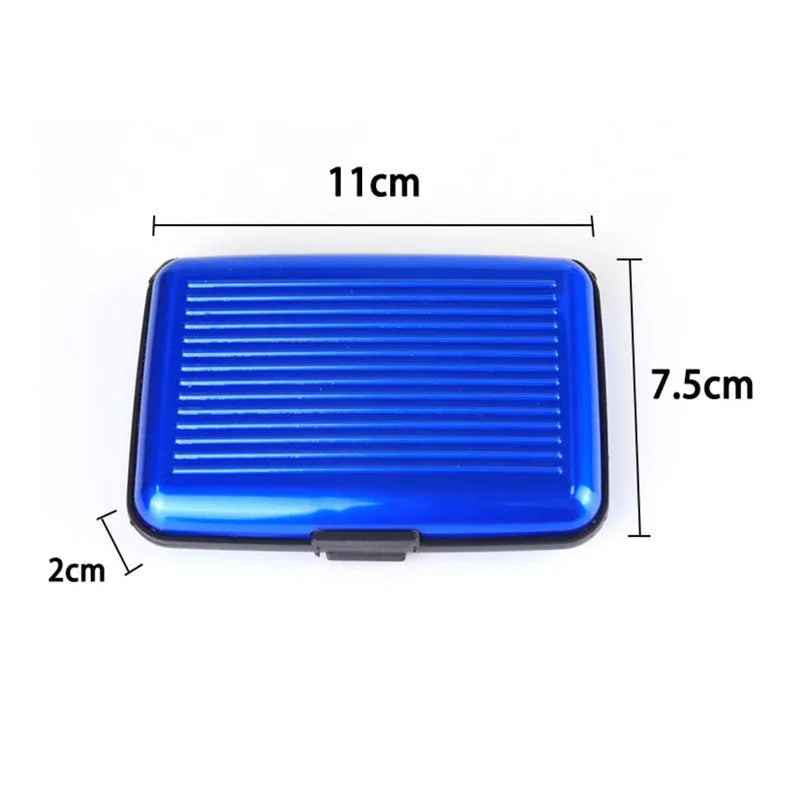 Blue compact rectangular card holder with ridged surface and dimensions 11cm by 7.5cm by 2cm