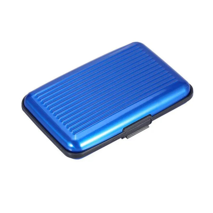 blue metal RFID blocking wallet case with grooved design and black latch closure