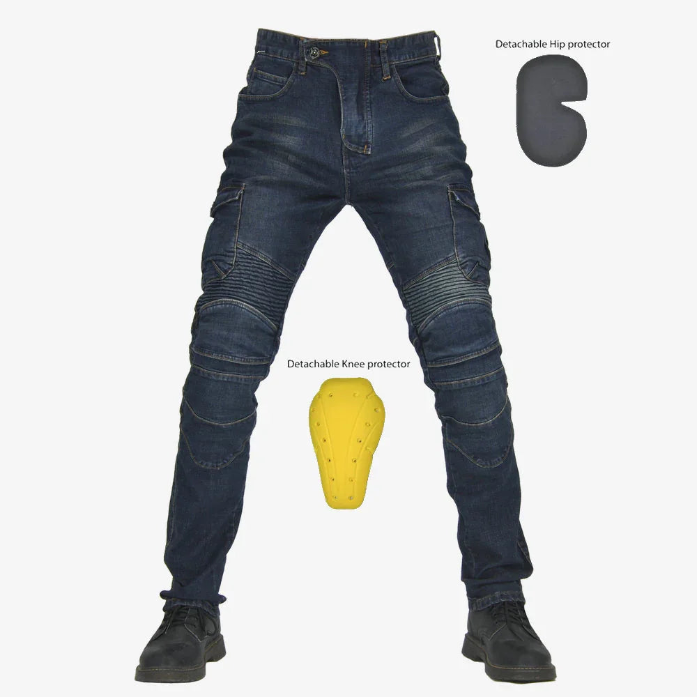 Motorcycle riding jeans with detachable hip and knee protectors on white background