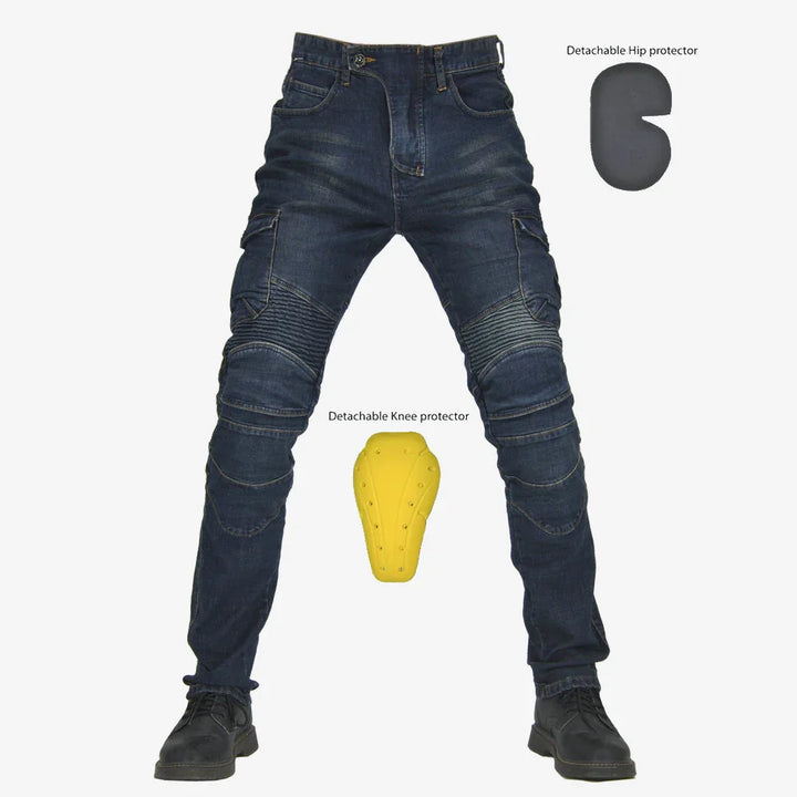 Motorcycle riding jeans with detachable hip and knee protectors on white background