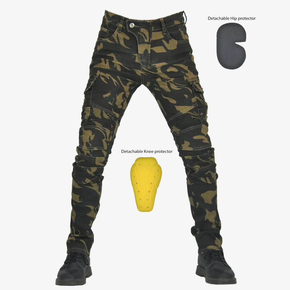 Camouflage motorcycle pants with detachable knee and hip protectors, displayed on white