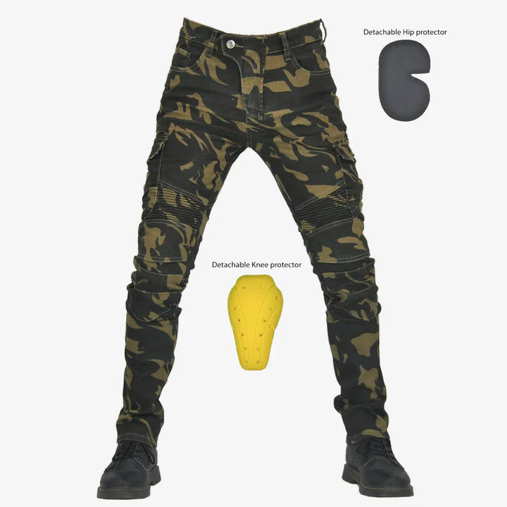 Camouflage motorcycle pants with detachable knee and hip protectors, displayed on white