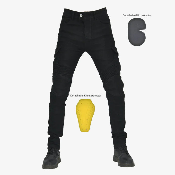 Black motorcycle jeans with detachable knee and hip protectors on white background