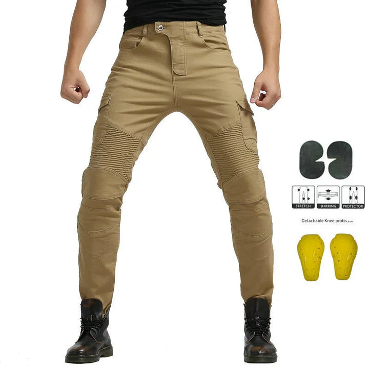 Men's tan motorcycle pants with knee protection, stretch panels, and cargo pockets