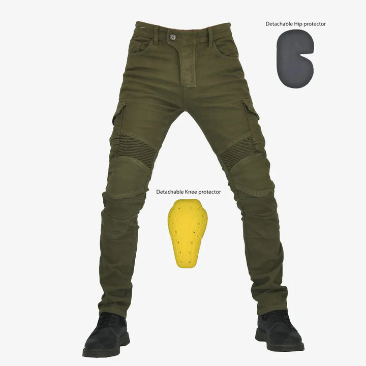 Olive green motorcycle pants with detachable knee and hip protectors on white background