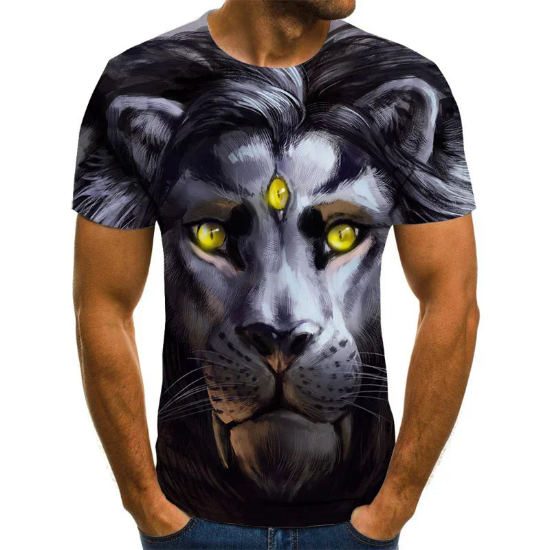 Men's black T-shirt with a large realistic lion face graphic featuring glowing yellow eyes and a third eye on forehead