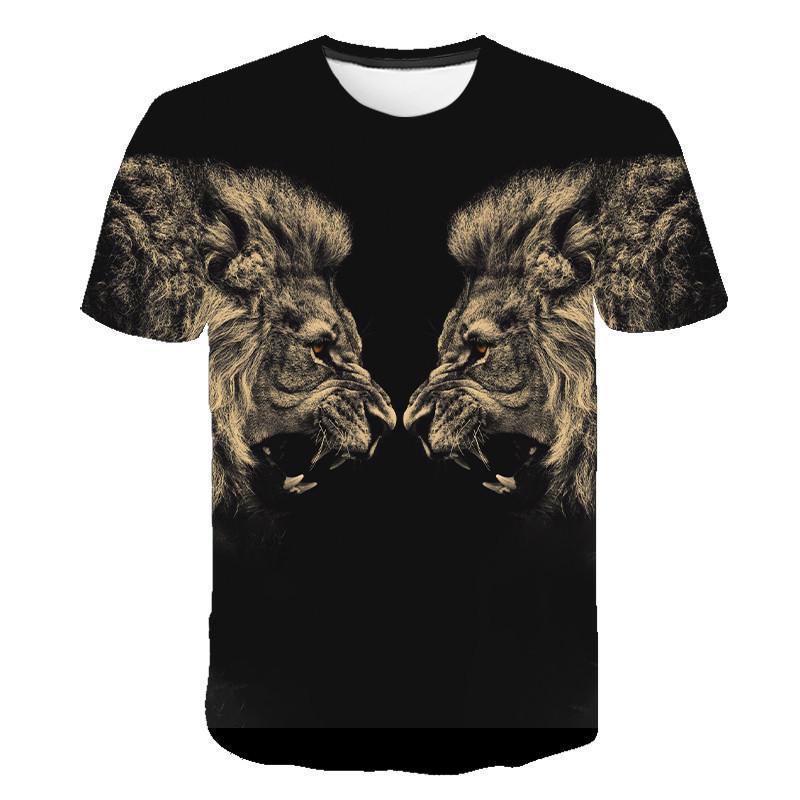 black t-shirt featuring two roaring lions facing each other in detailed sepia tones