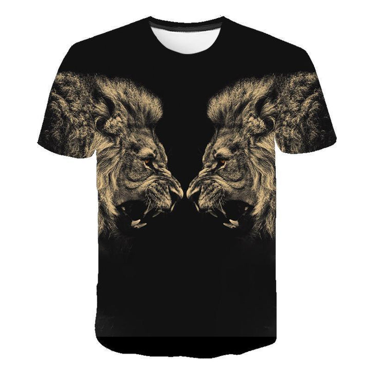 black t-shirt featuring two roaring lions facing each other in detailed sepia tones
