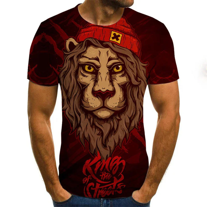 Men's dark red graphic t-shirt with lion wearing red beanie and 'King of the Streets' text