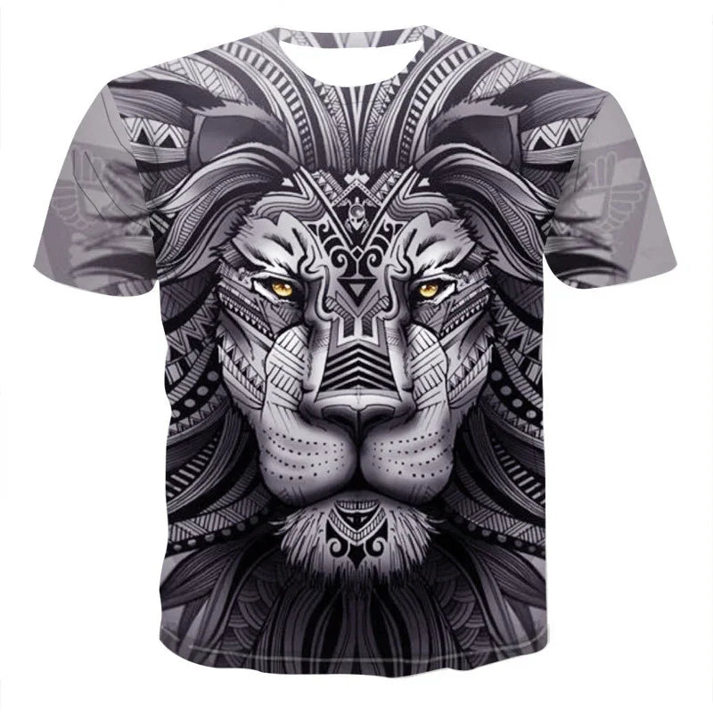 Gray t-shirt with detailed tribal lion face design featuring golden eyes and intricate patterns