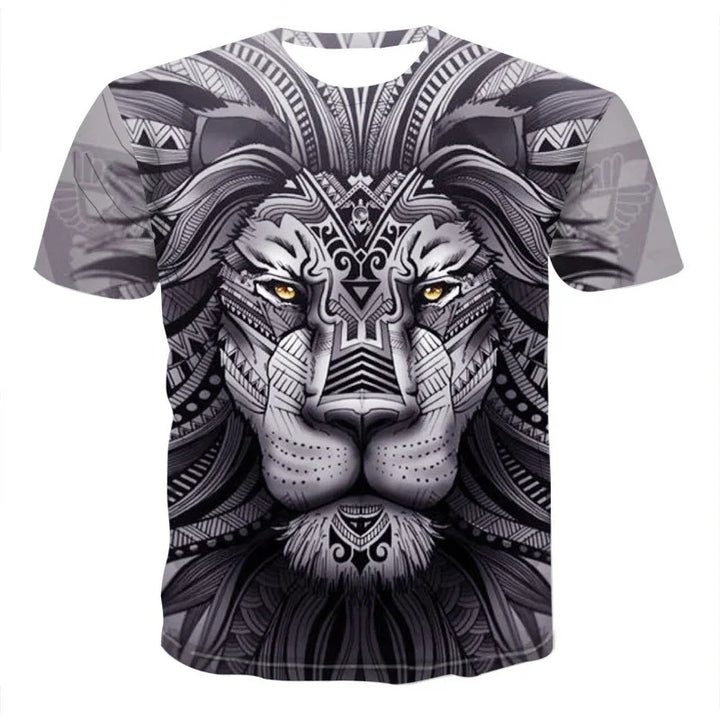 Gray t-shirt with detailed tribal lion face design featuring golden eyes and intricate patterns