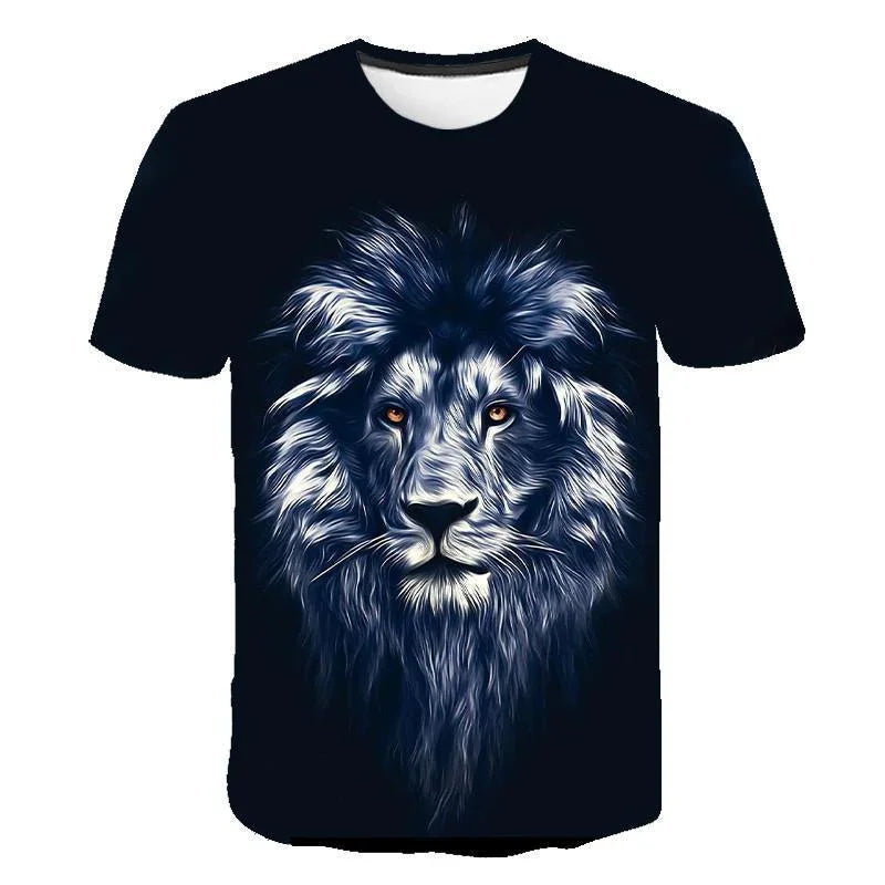 Black T-shirt featuring a detailed digital art lion face with intense amber eyes