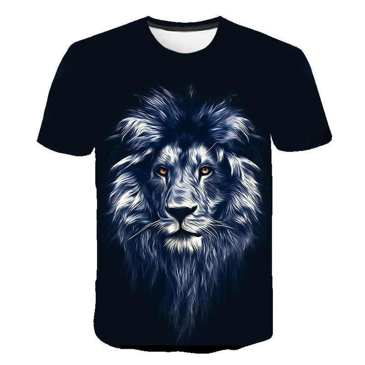 Black T-shirt featuring a detailed digital art lion face with intense amber eyes