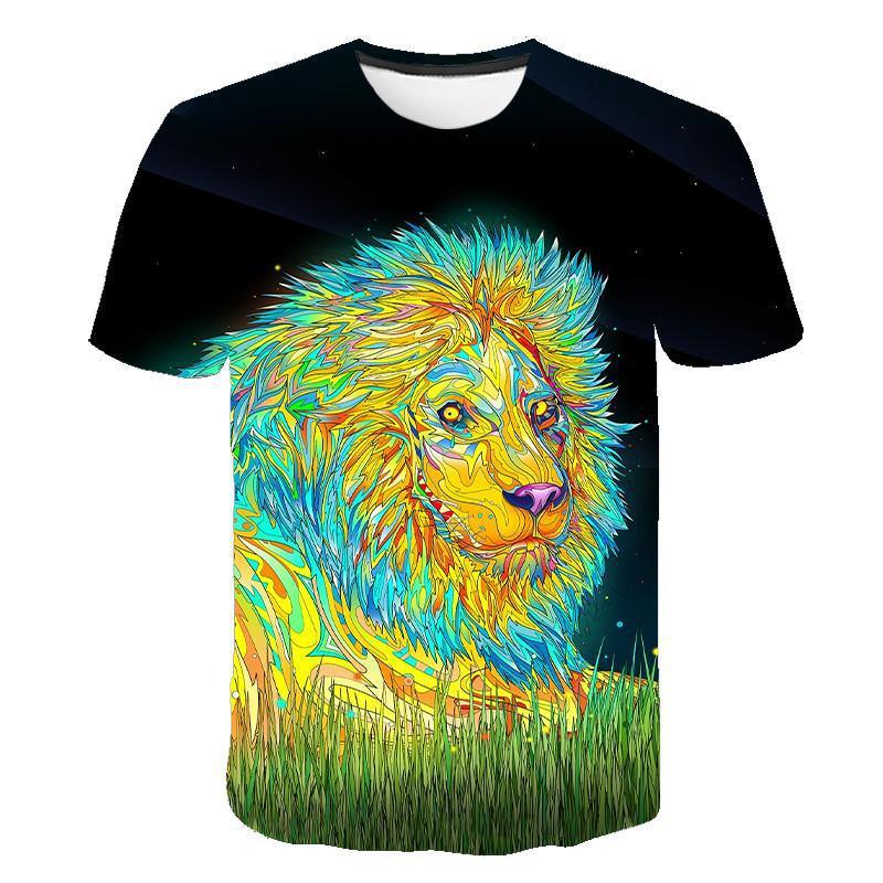 Colorful abstract lion graphic with vibrant blues, yellows, and oranges on black background t-shirt