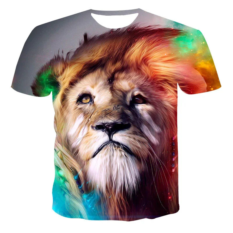 Colorful lion face graphic T-shirt with vibrant blue, green, and orange cosmic background