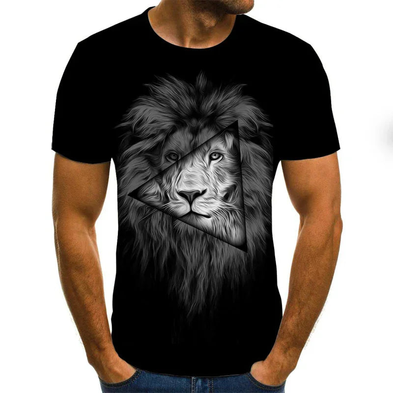 Black t-shirt with artistic lion face design featuring a triangle overlay, worn by man with hands in pockets