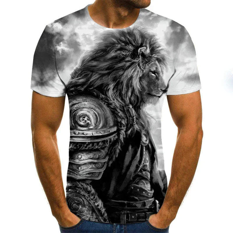 black and white t-shirt featuring a detailed lion warrior with armor against a cloudy sky background