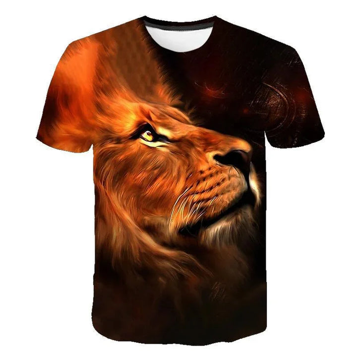 T-shirt featuring a detailed lion head design with vibrant orange and brown colors