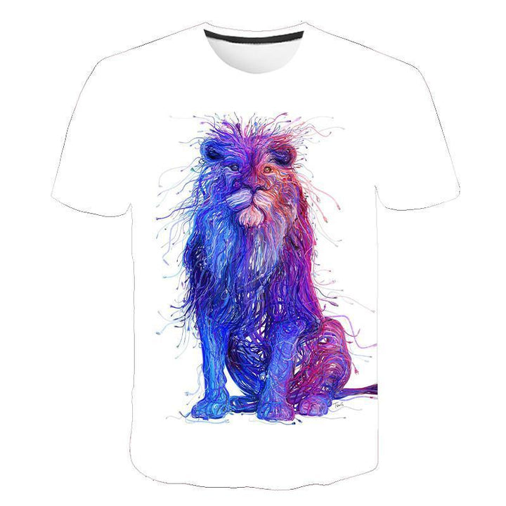 White t-shirt featuring a colorful abstract lion illustration in blue and purple tones