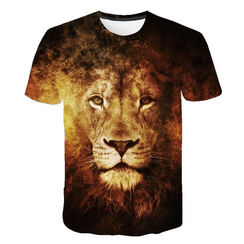 T-shirt with detailed, fiery lion face print in warm brown and gold tones