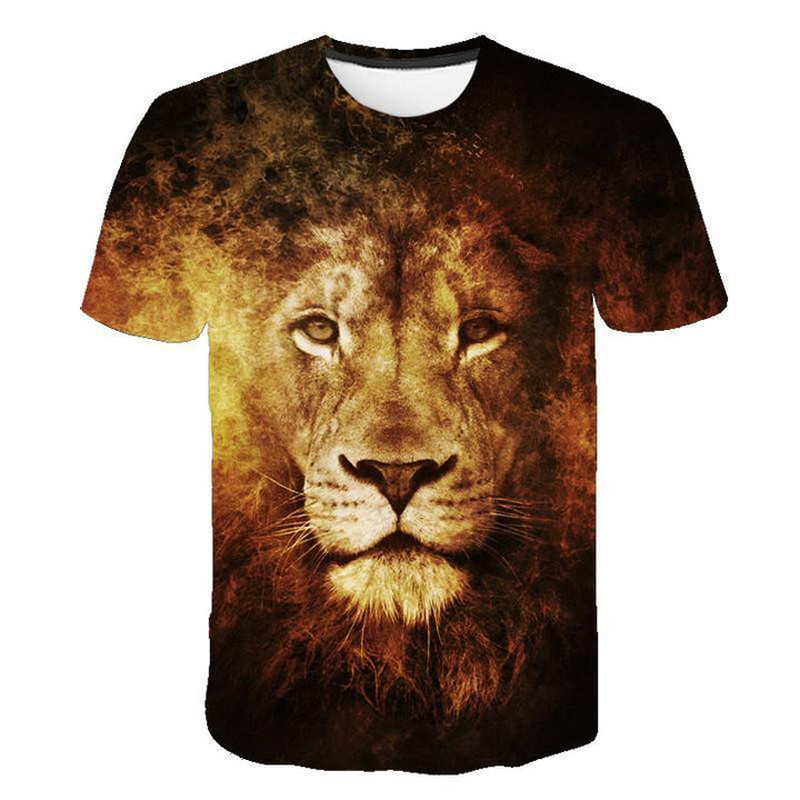 T-shirt with detailed, fiery lion face print in warm brown and gold tones