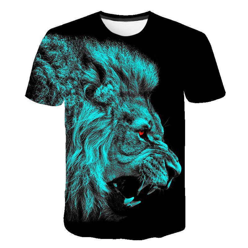 Black t-shirt featuring a roaring lion graphic in neon blue with red eyes