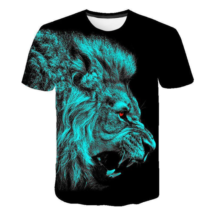 Black t-shirt featuring a roaring lion graphic in neon blue with red eyes