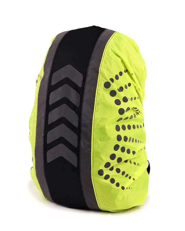 High visibility neon yellow waterproof backpack cover with black reflective chevron design