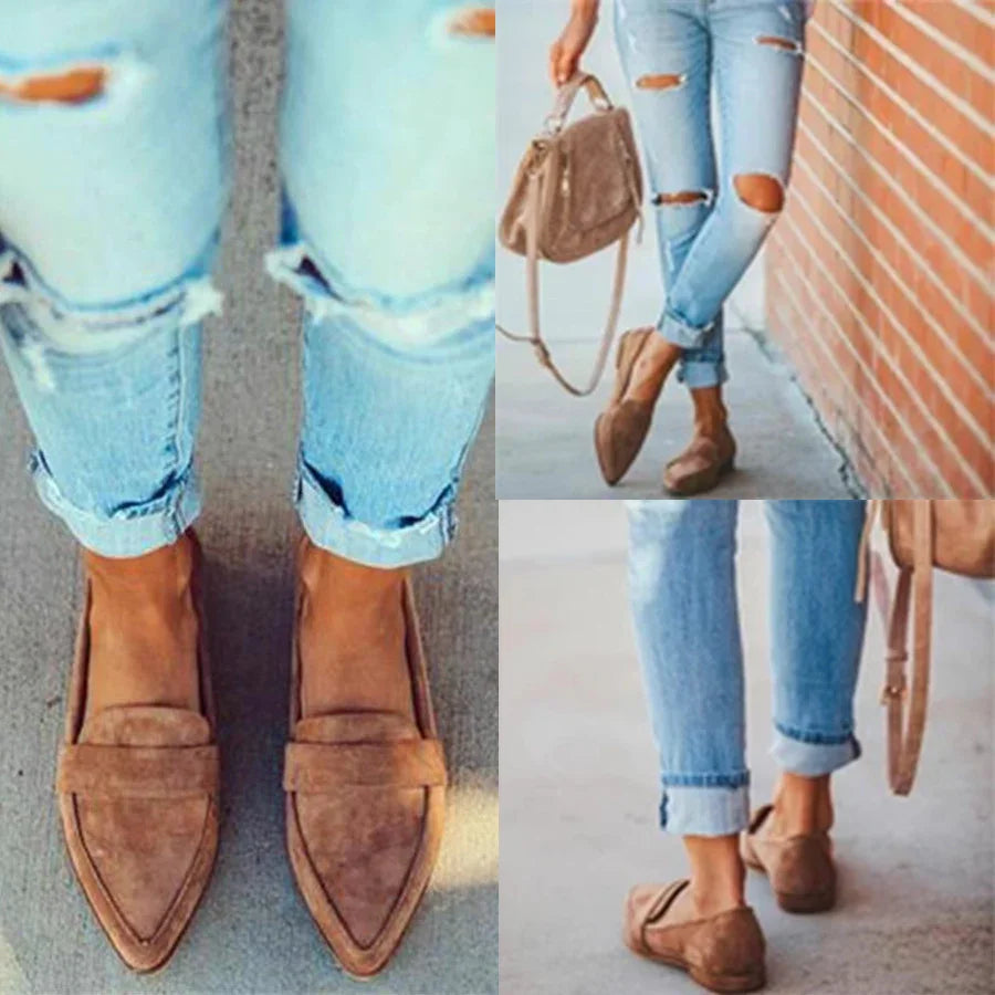 Women wearing tan suede pointed loafers with light ripped jeans and carrying a matching tan suede handbag