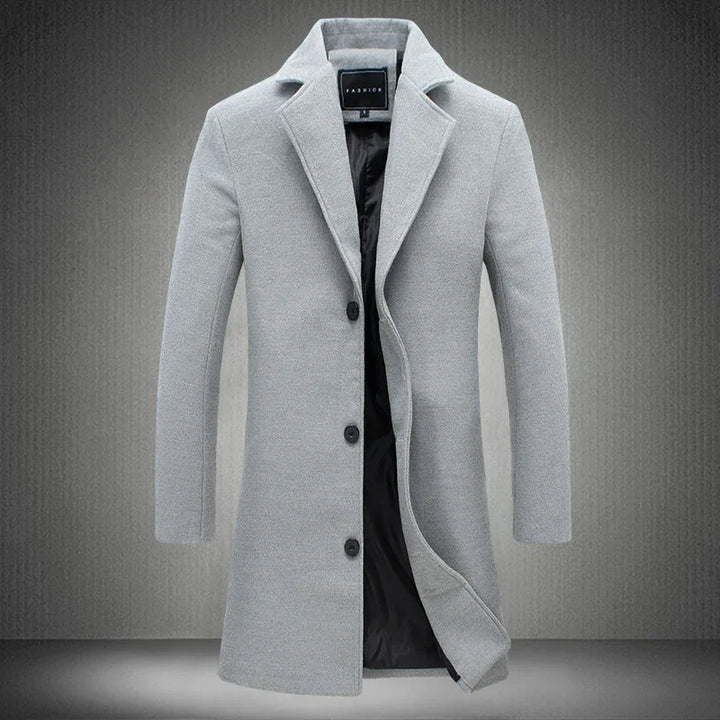 Light gray men's wool blend overcoat with black inner lining and three black buttons