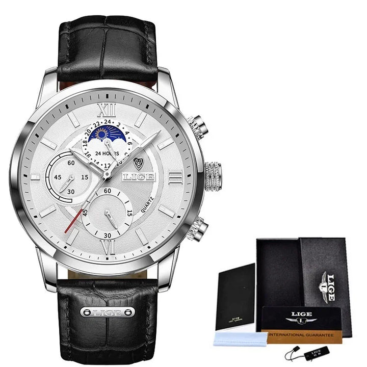 LIGE men's silver chronograph watch with white dial, black leather strap, moon phase and 24-hour subdials, with warranty box