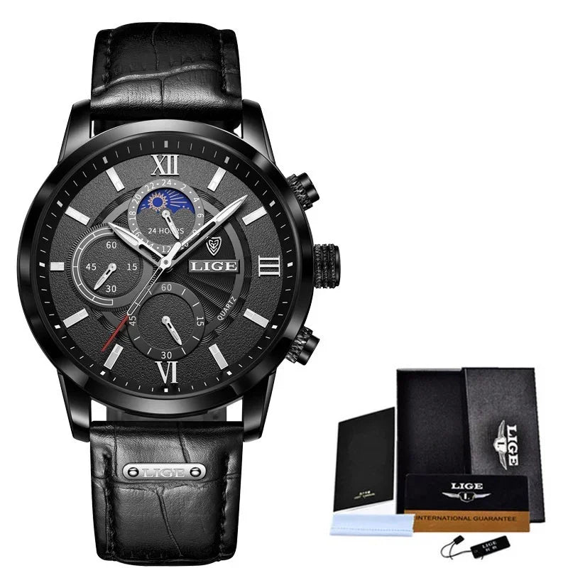 Black LIGE men's quartz wristwatch with leather strap, multi-function dials, and packaging set