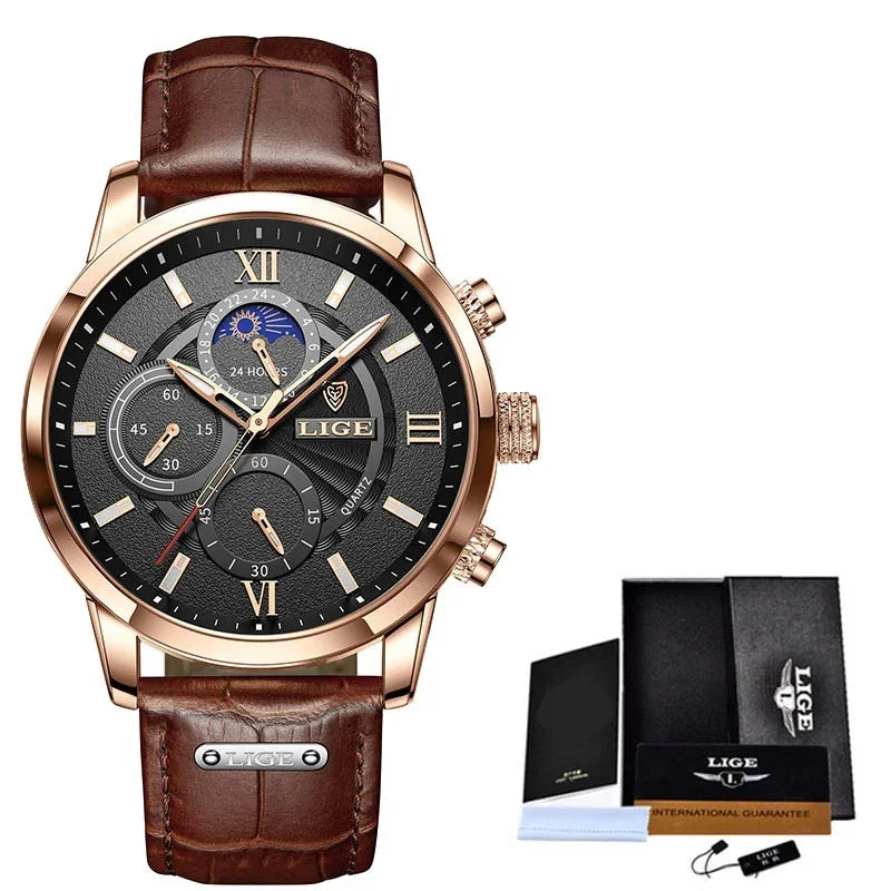 LIGE men's luxury quartz watch with brown leather strap, black dial, and gold case, includes guarantee card