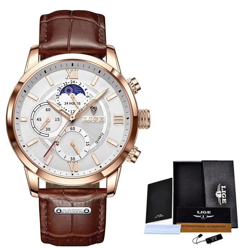 LIGE men's rose gold wristwatch with white dial, brown leather strap, chronograph and packaging box