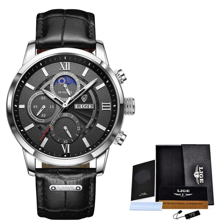 LIGE men's black leather strap quartz watch with black dial and chronograph, including box and guarantee