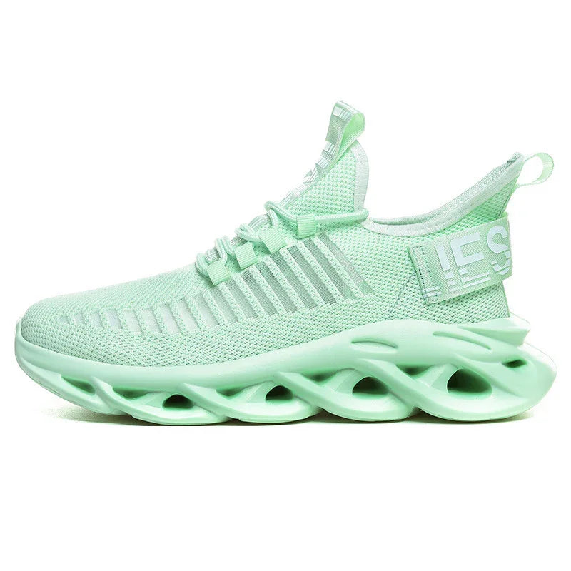 Mint green breathable mesh athletic sneaker with unique hollow sole design and pull tab