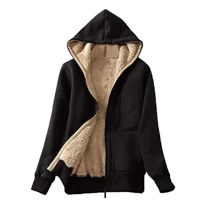 Black zip-up hoodie with beige sherpa fleece lining, front pockets, and long sleeves