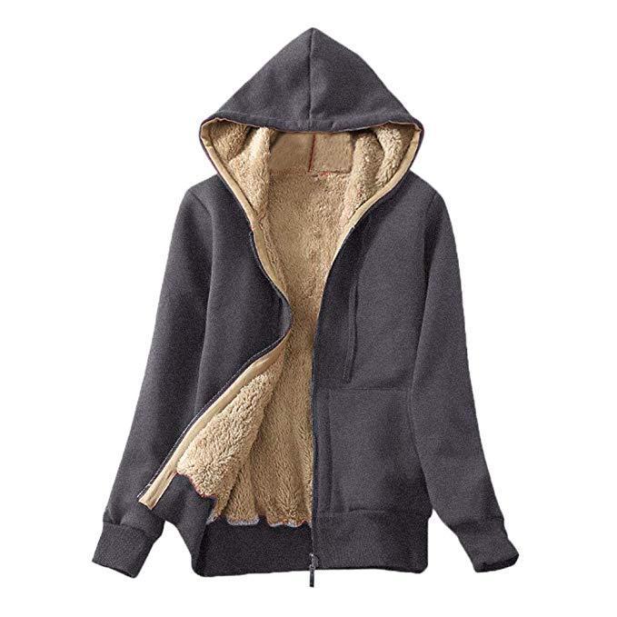 Dark gray zip-up hoodie with soft beige sherpa lining on hood and inside, cozy winter jacket