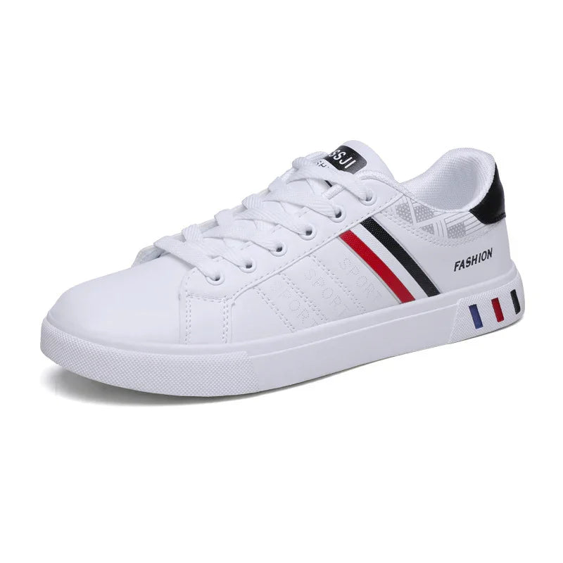 White casual sneaker with red, black, and blue stripes, lace-up design, and 'FASHION' text