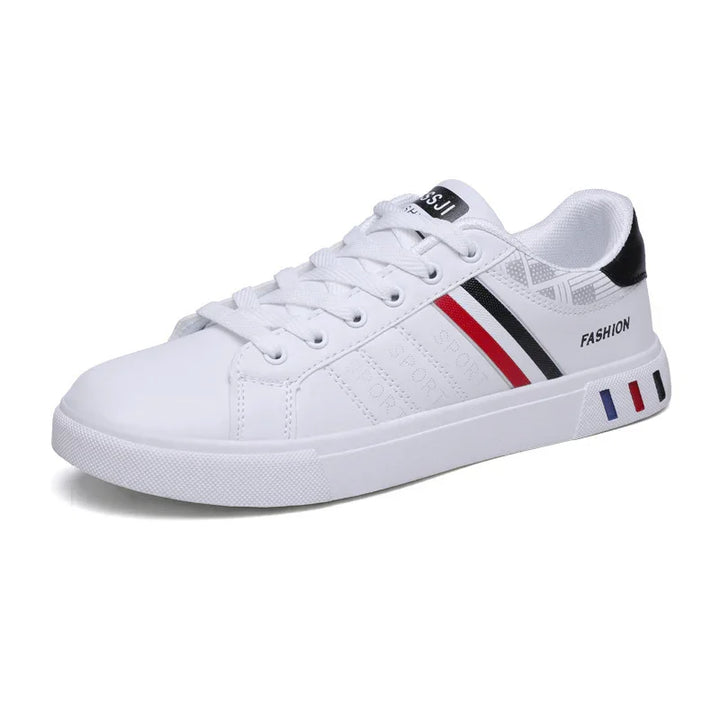 White casual sneaker with red, black, and blue stripes, lace-up design, and 'FASHION' text