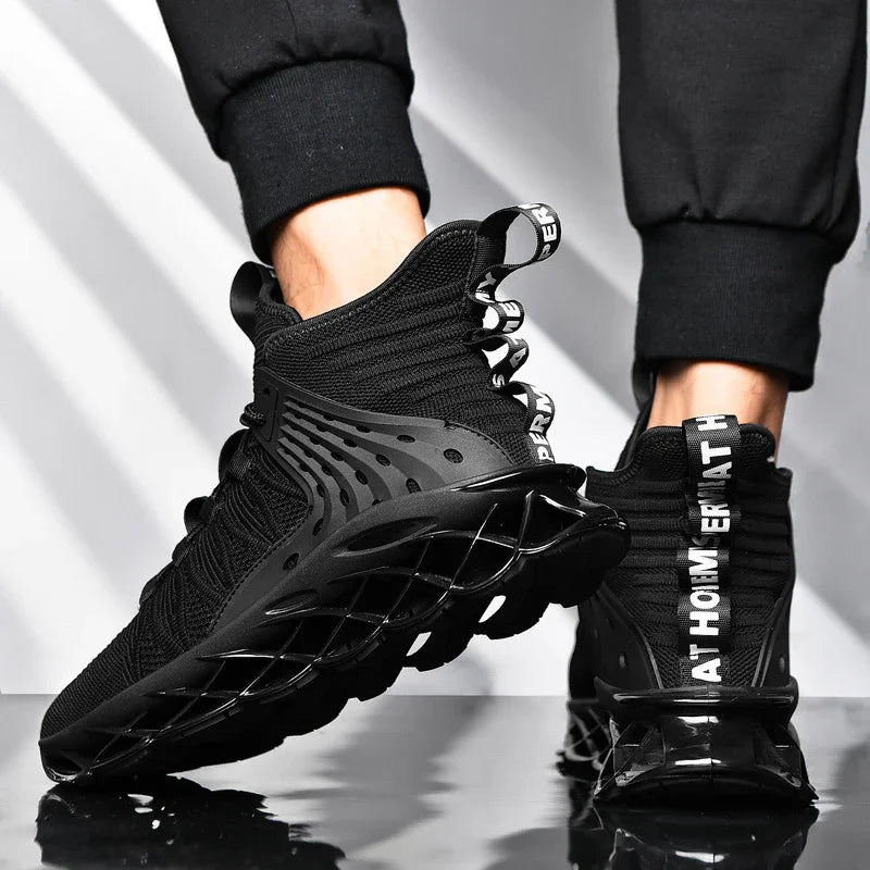 Close-up of black futuristic high-top sneakers with textured knit upper and unique sculpted sole on reflective surface